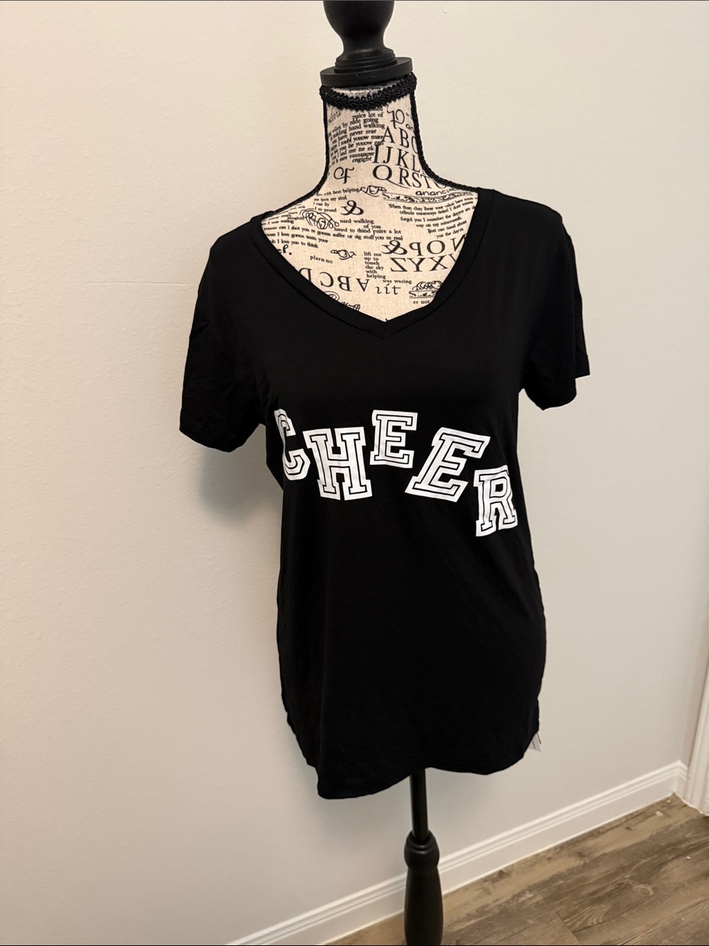 Women's Black V-Neck Tee with 'CHEER' Graphic